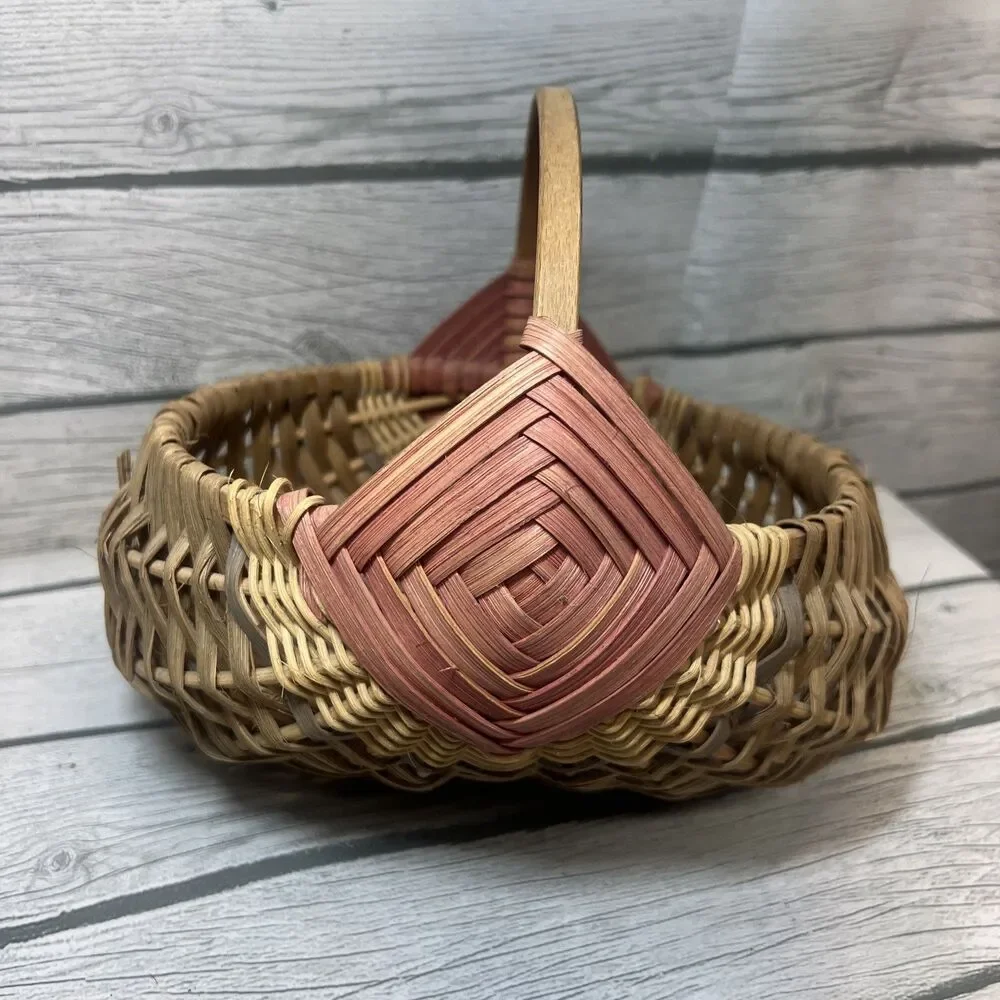 Southern Style Buttocks Basket, Woven Wood, Handle, Egg Gathering Signed